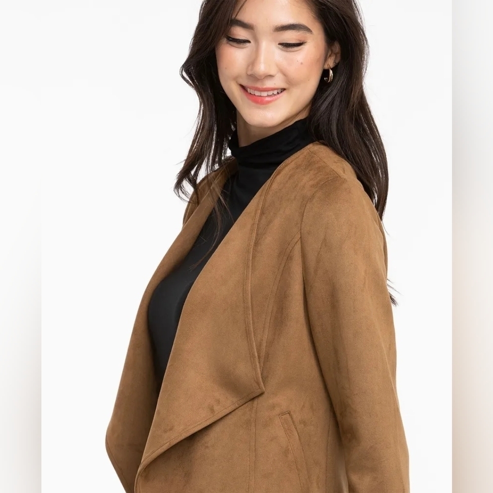 NWOT Small Ricki's Tobacco Brown Faux Suede Drape Front Jacket - Picture 3 of 9